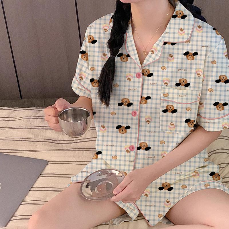 Cute Cute Puppy Pajamas Women'S Summer Thin Plaid Cartoon Loose Loungewear Short-Sleeved Suit
