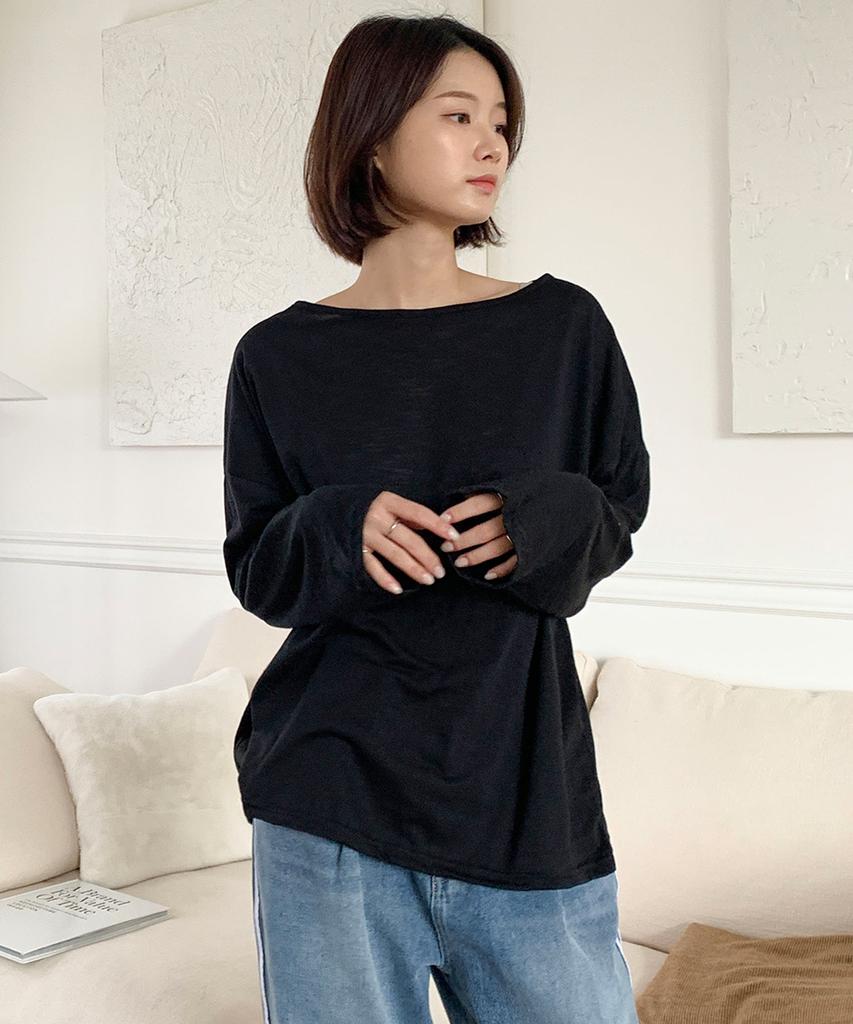 Ppaeppae Wide Round Neck Loose Fit Long Sleeve T-Shirt