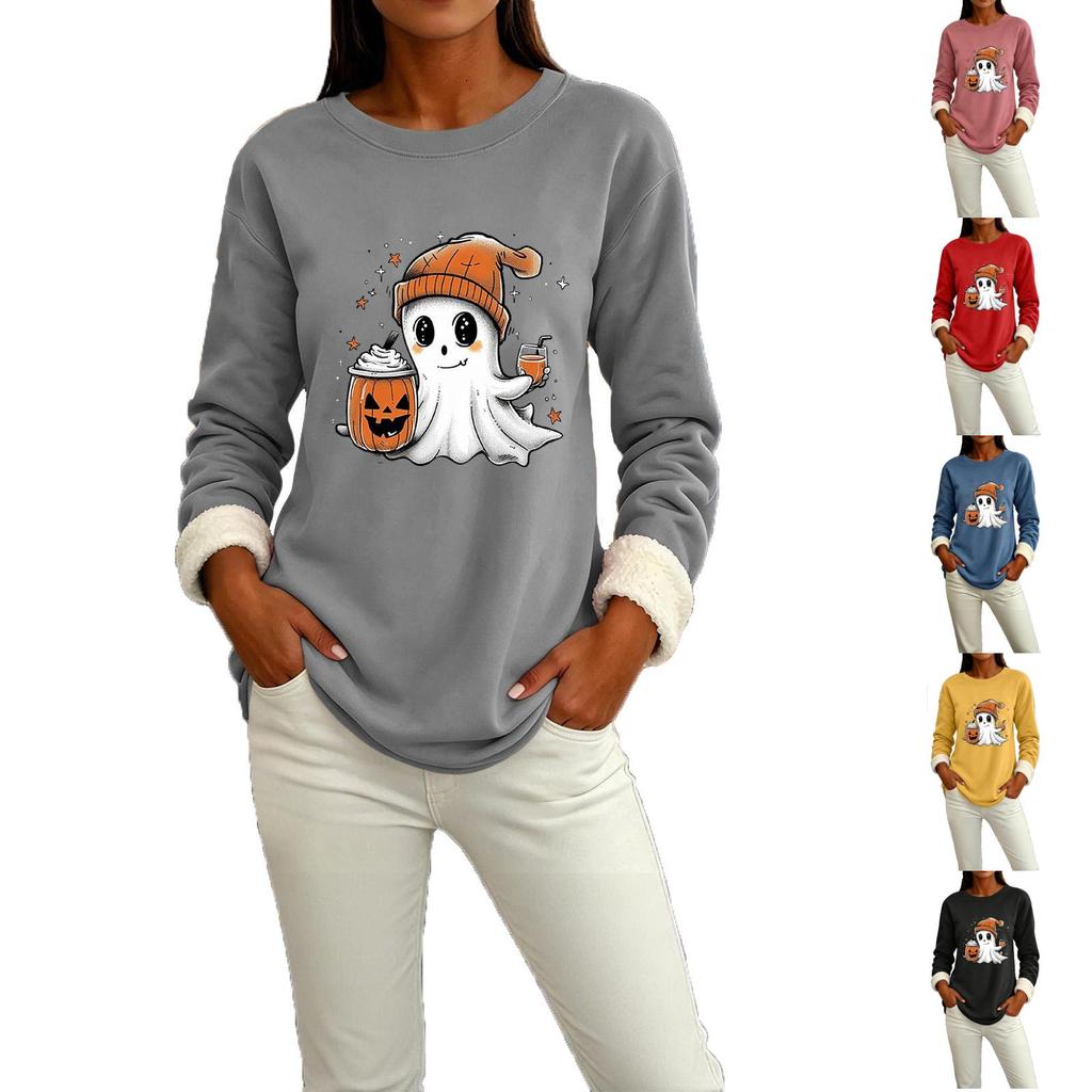 Women's -Lined Long Sleeve Crewneck T-Shirt with Halloween Print for Winter Casual Wear
