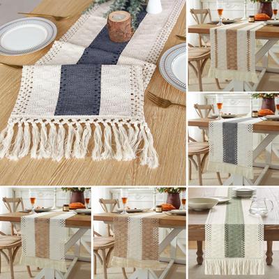 Runner da Tavolo da Festa Tessuto Intrecciato Stile Boho Decorazione Nappa Colore a Contrasto Intrecciato Antimacchia Riutilizzabile Protezione Tavolo Decorazione Ballo di Fine Anno Banchetto