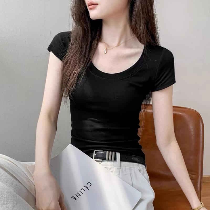 Slim-fit short-sleeved T-shirt women's summer new shoulder pure cotton waist-thin top large neckline bottoming shirt