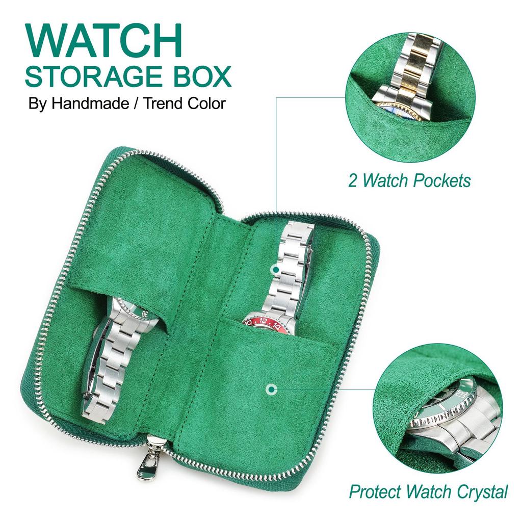Handmade Genuine Leather 2 Slots Watch Case for Women Zipper Men Watch Storage Pouch Watch Collection Display Box Travel Watch Bags