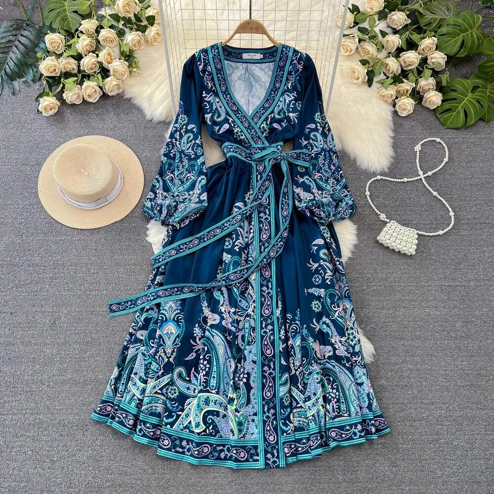 New Light Luxury Green Flower Wrap Dresses Women V-neck Lantern Sleeve High Waist Lace-up Vintage High End Court Long Dress