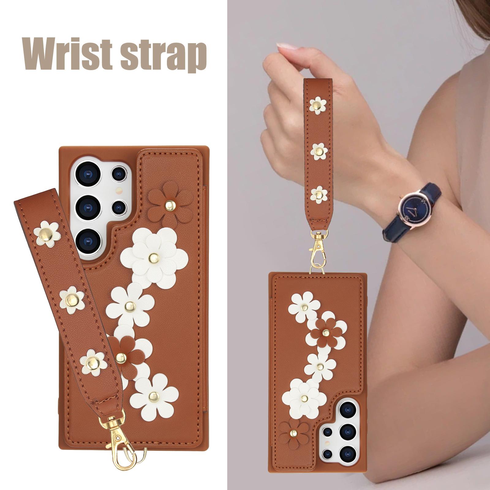 

Phone Case for Samsung Galaxy S25 Ultra Edge S24 Plus S23 FE S22 A06 A07 A26 A17 Flower Card Wallet Hand Strap Leather Cover Galaxy S24+ коричневый