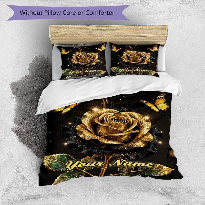 3PC Custom Name Golden Rose Elegance Bedding Set Duvet Cover Closure Includes 1 Duvet Cover & 2 Pillowcases for Bedroom