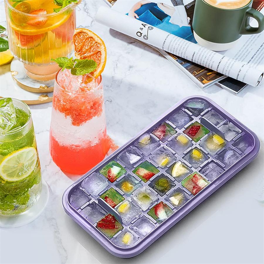 Ice Cube Tray With Lid And Bin, 1-Piece For Freezer, 32-Compartment Ice Cube Mould, Easy-Release Ice Cube Mould For Whisky