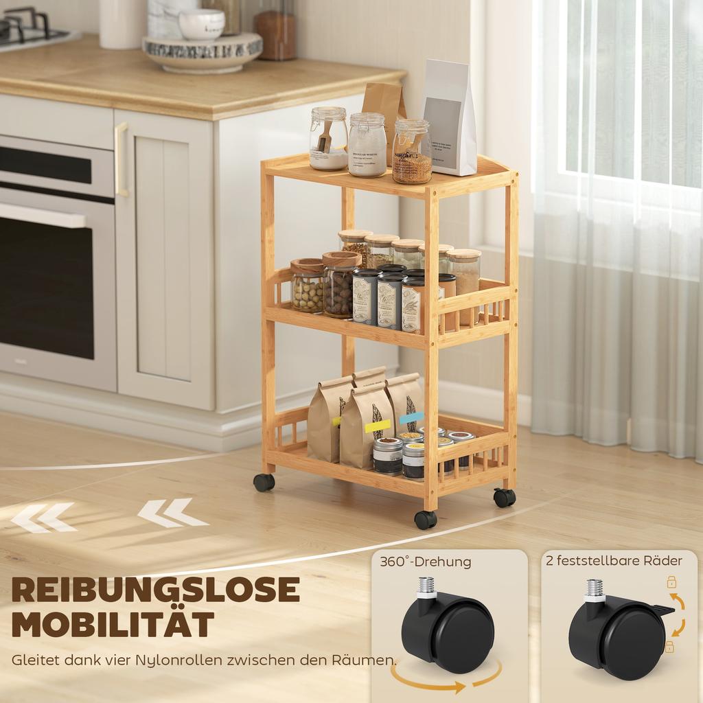 Kitchen Cart Rolling Cart with 3 Levels, Serving Cart with Storage Kitchen Shelf on Casters, for Kitchen Bathroom Office Natural Wood