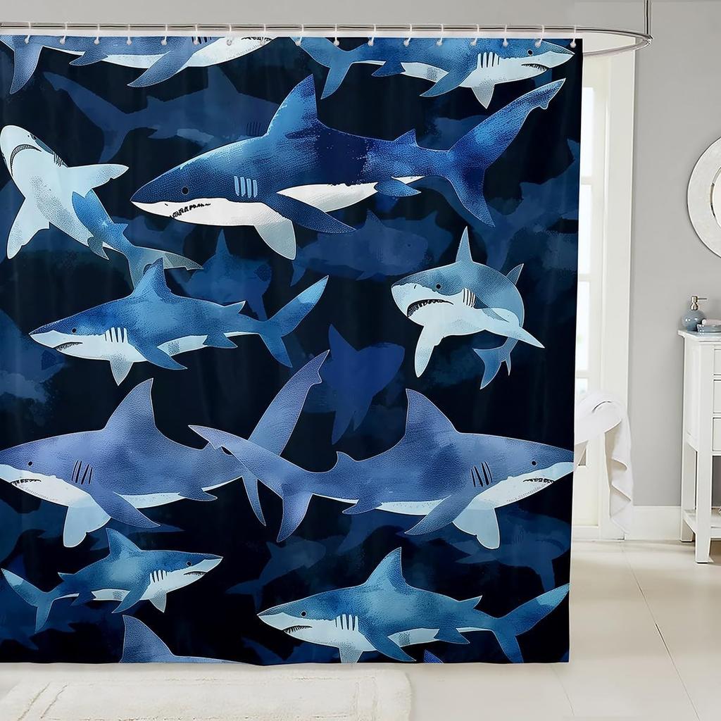 Cartoon Funny Animal Bath Curtain Brave Cat Riding Shark Shower Curtain Kids Boys Girls Ocean Wave Japanese Style Decor Whale