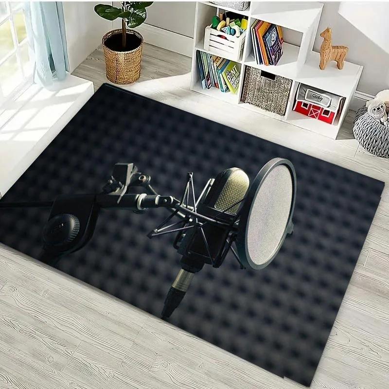 Lustiger Teppich mit Mikrofon-Aufdruck für Heim-Wohnzimmer-Dekoration Fußmatte Couchtisch-Bereichsteppich Rutschfest Schlafzimmer Bettvorleger
