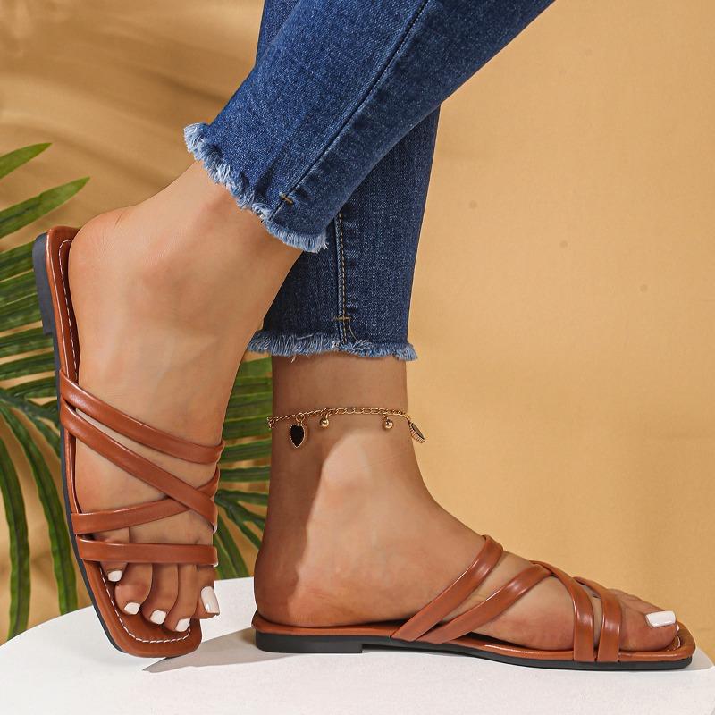 Fashion Plus Size Flat Slippers Women's Outside Wear Summer New Square Toe Open Toe Slim Strap Super Soft One-Line Lightweight Slipper