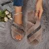Fashion Fashion Glitter Cross Strap Faux Fur Slides Women 2025 Winter Warm Short Plush Slippers Comfort Non Slip Indoor Furry Slippers