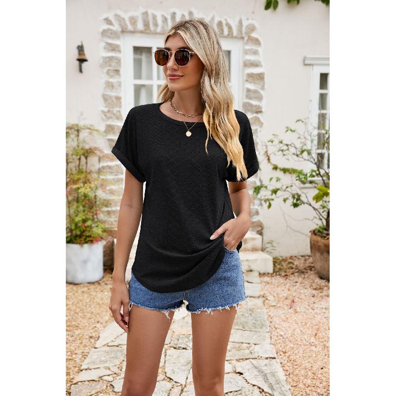 2026 Summer New Hollow-Out Round Neck Short Sleeve Women's Casual Solid Color T-Shirt
