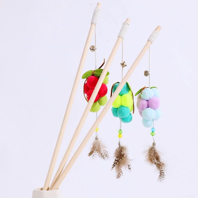 Cat Toys Feather Stick Cats Toy Interactive Colorful Tassel Sticks Toys for Cats Teasing Solid Wood Handle Cat Toy with Bell