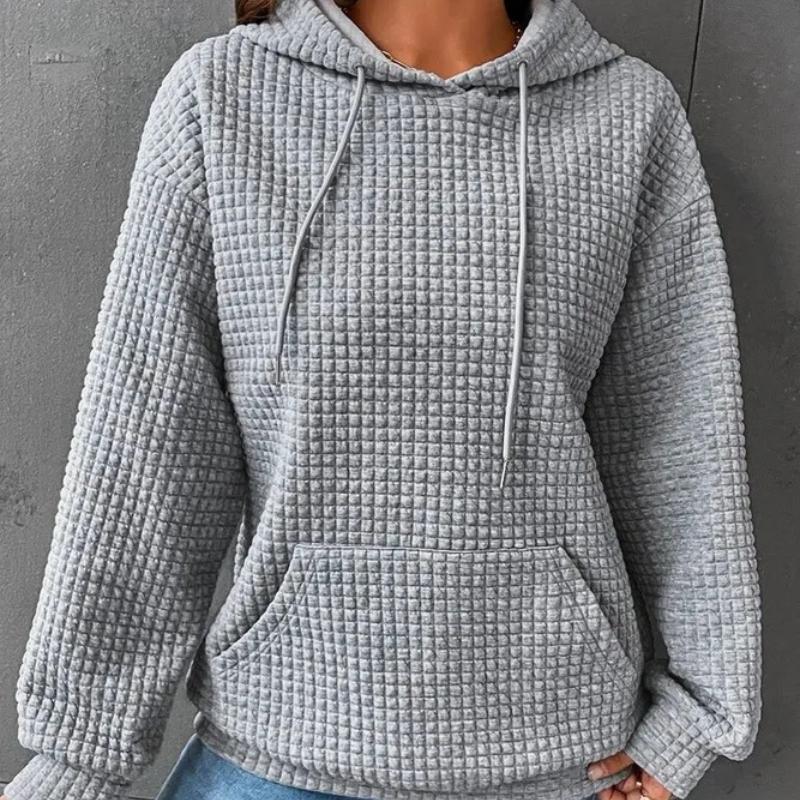 Autumn and Winter Ladies Casual Solid Color Waffle Hooded Long-sleeved Sweater