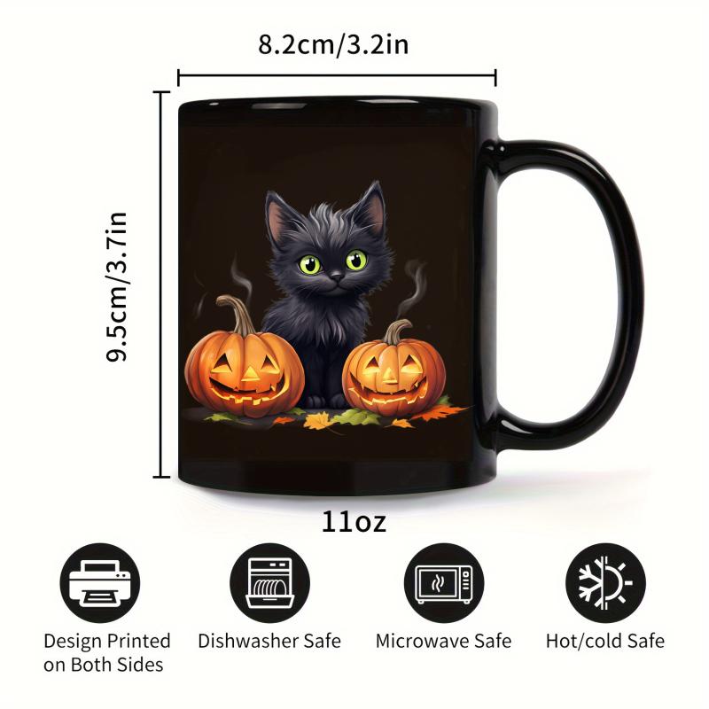 Black Coffee Mug with Black Cat and Jack O Lantern Halloween Theme for Fall Holiday Decorations