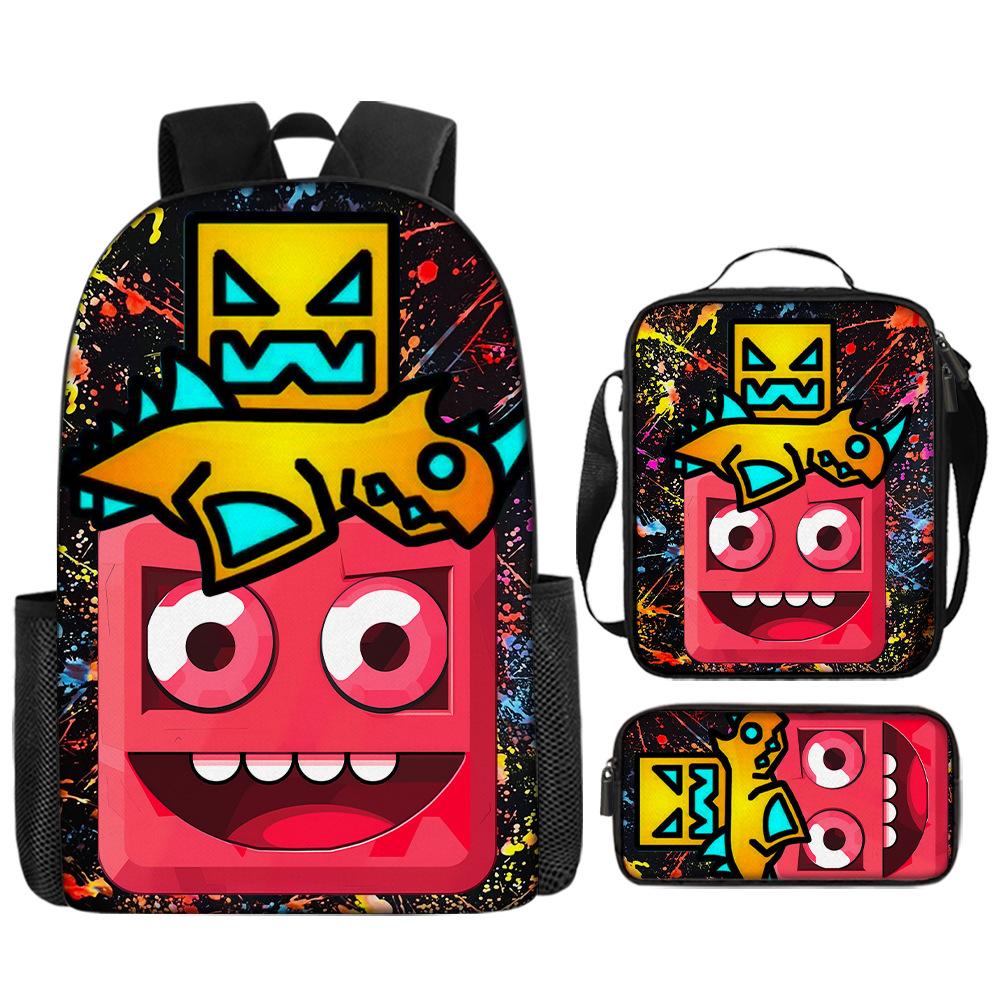 Cartoon Geometry Dash Kinder Schulrucksack mit Umhängetasche Federmäppchen Schultaschen für Jungen Mädchen Bestes Geschenk