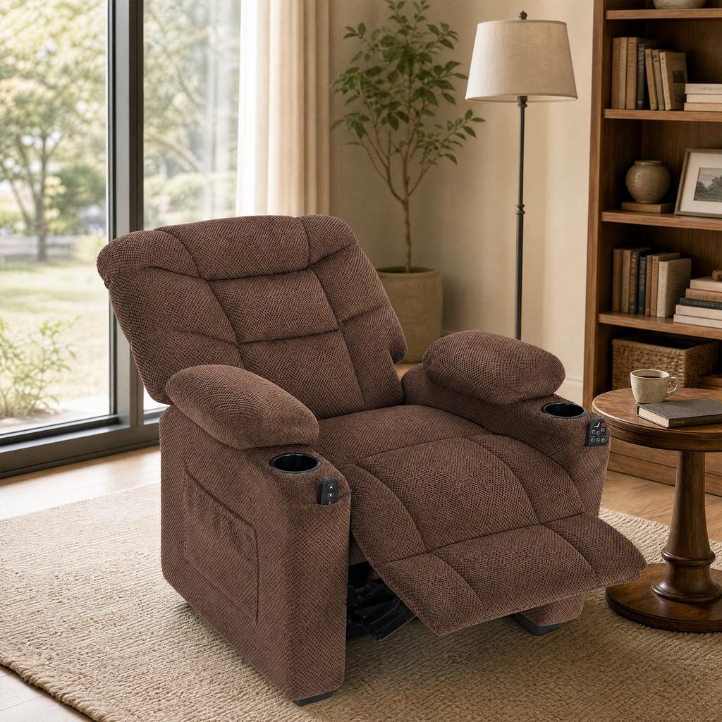 Electric Reclining Relax Chair With Lumbar Heat Vibration Massage Silent Motor Memory Function USB Pockets Brown