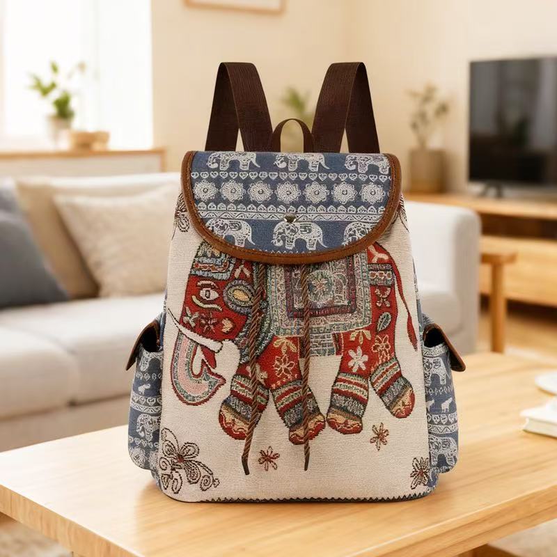 2026 New Female Ethnic Style Backpack Casual Plaid Drawstring Retro Women Large Capacity School Bag Drawstring Bucket Bag