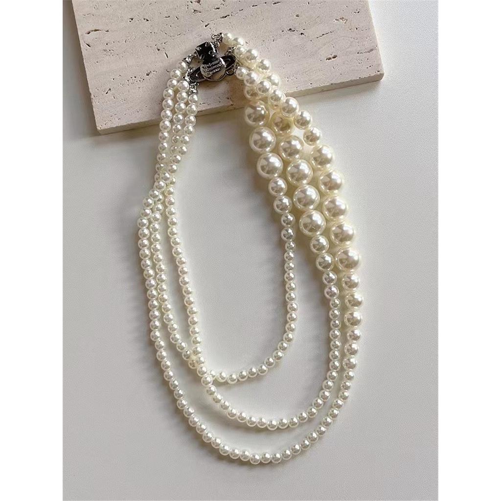 Tooxika Triple Gradient Pearl Magnetic Clasp Saturn Necklace Luxury Collar Chain For Women