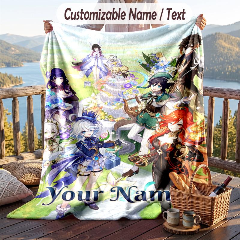 Custom Text Flannel Throw Blanket, Lightweight Cozy Bed Sofa BlanketGenshin Impact