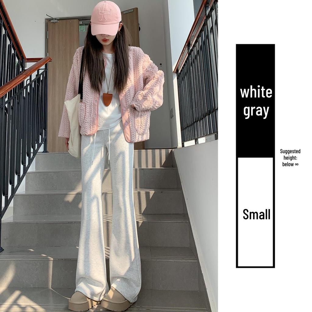 Winter 2025 Women's High-Waisted Pink Fleece-Lined Micro-Flare Sweatpants - Petite Size.