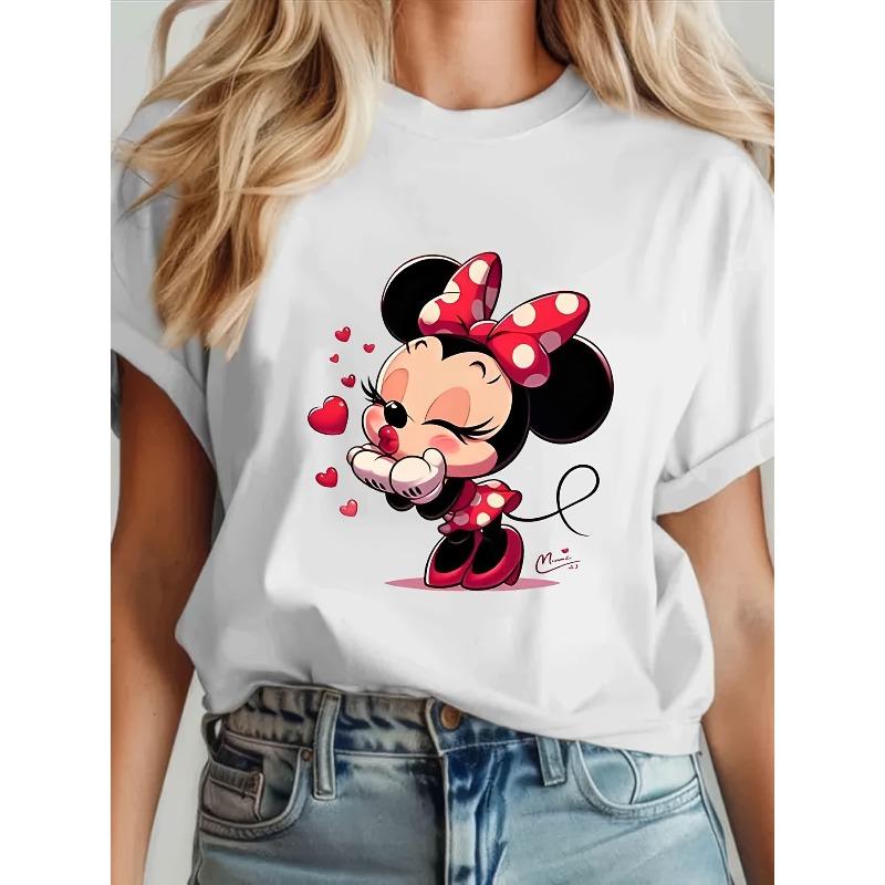 MINISO Ladies Disney Mickey and Minnie Cartoon Pattern Women Men T-shirt White Casual Short Sleeved T-shirt Loose Top Clothing