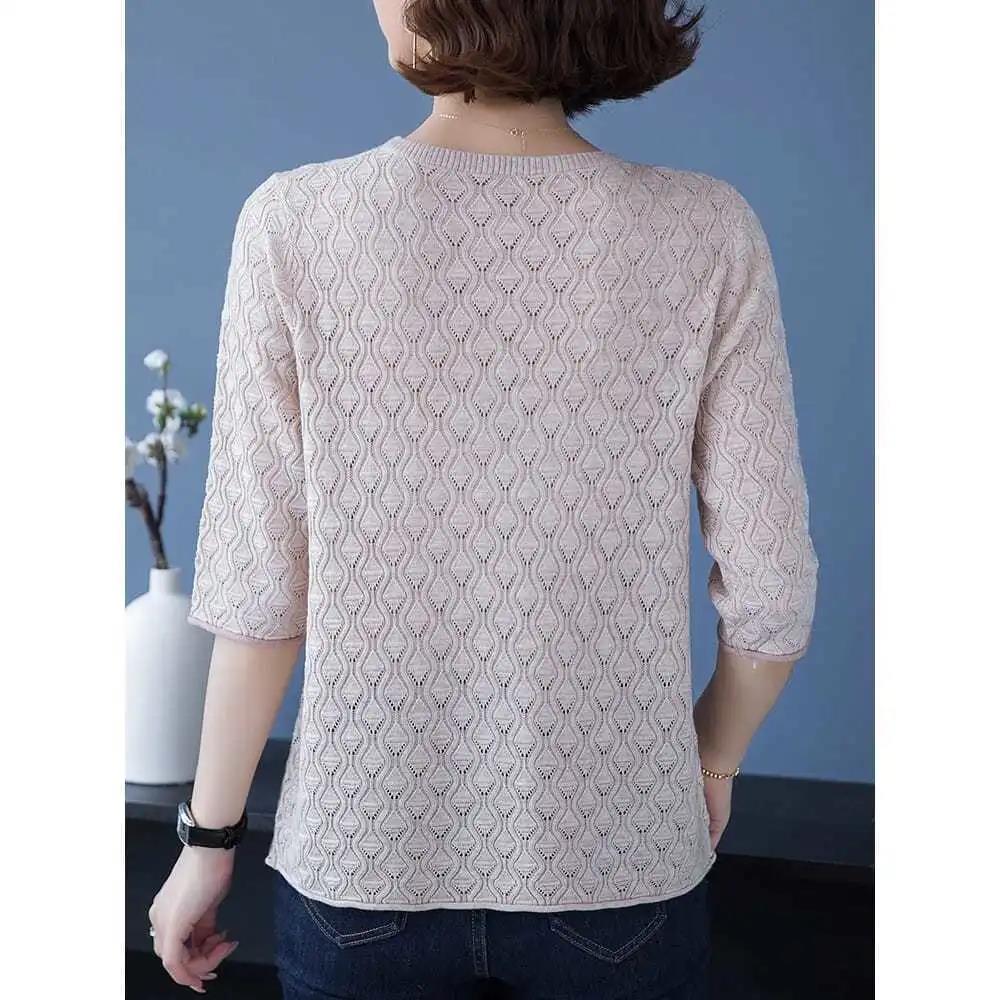 Women Knitted Shirt Solid Color Hollow T-shirt Three-quarter Sleeve Shirt Casual Comfortable Pullover Summer