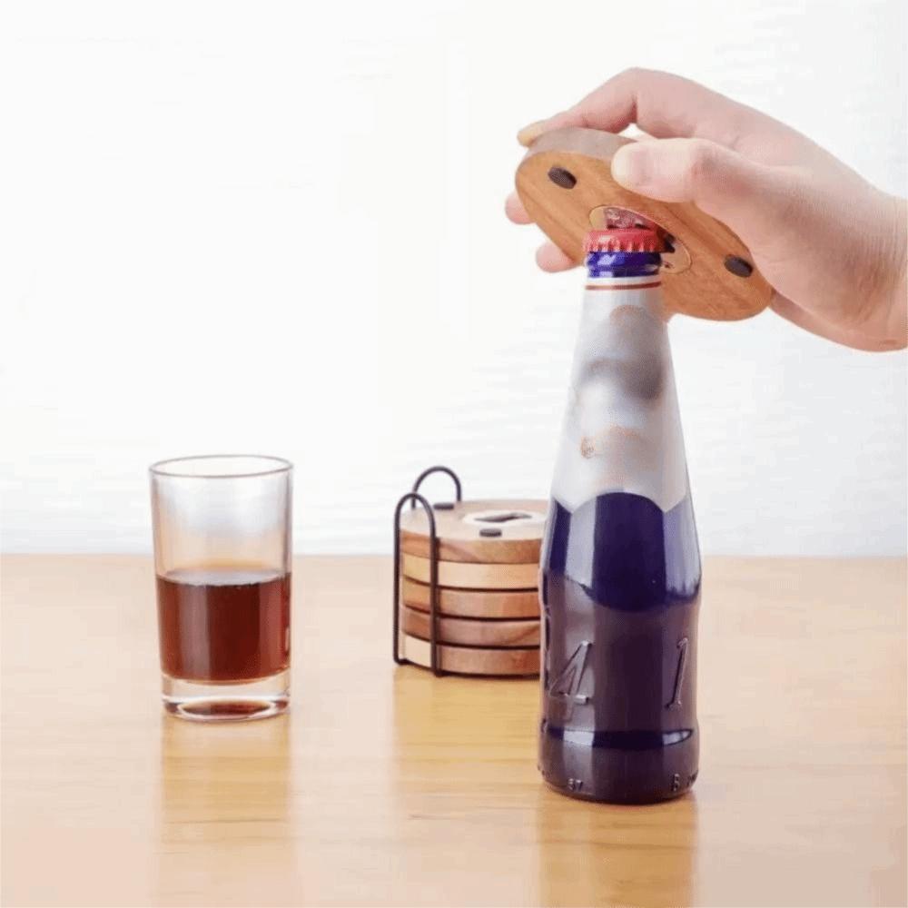 6PCS 2 in 1 Wood Coaster with Bottle Opener Round Party Cup Mat Set Creative Insulated Cup Pad  Bar