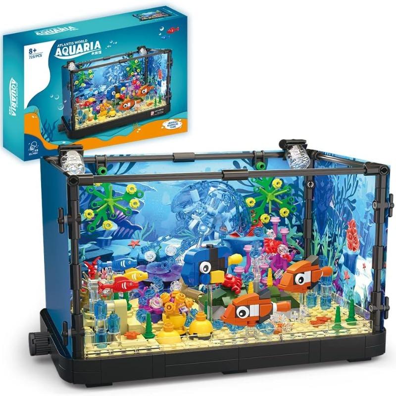 Ocean Fish Tank Aquarium Building Block Set with Turtle - DIY Toy Brick for Kids Creative Playset Home Decor Birthday Gift