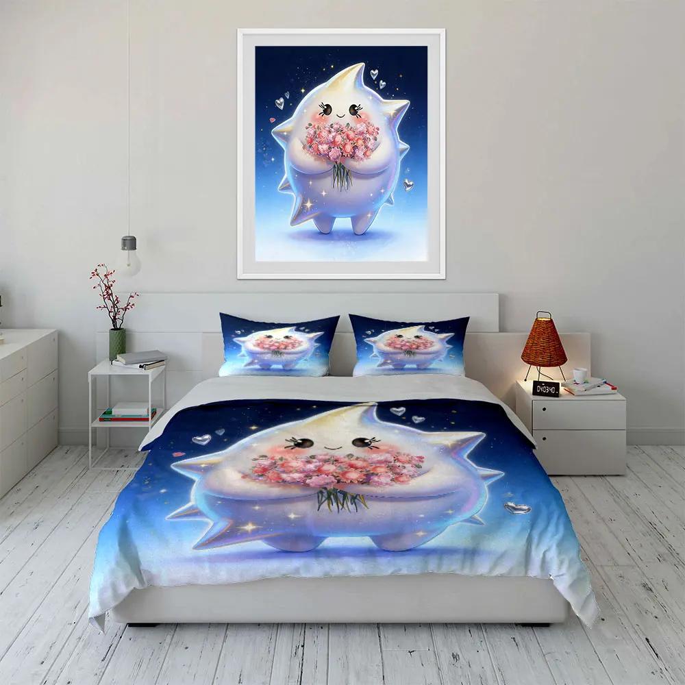3Pcs Kawaii Star Bedding Set Cute Star Character Holding Pink Flowers Print Duvet Cover + 2 Pillowcases Magical Kids Decor
