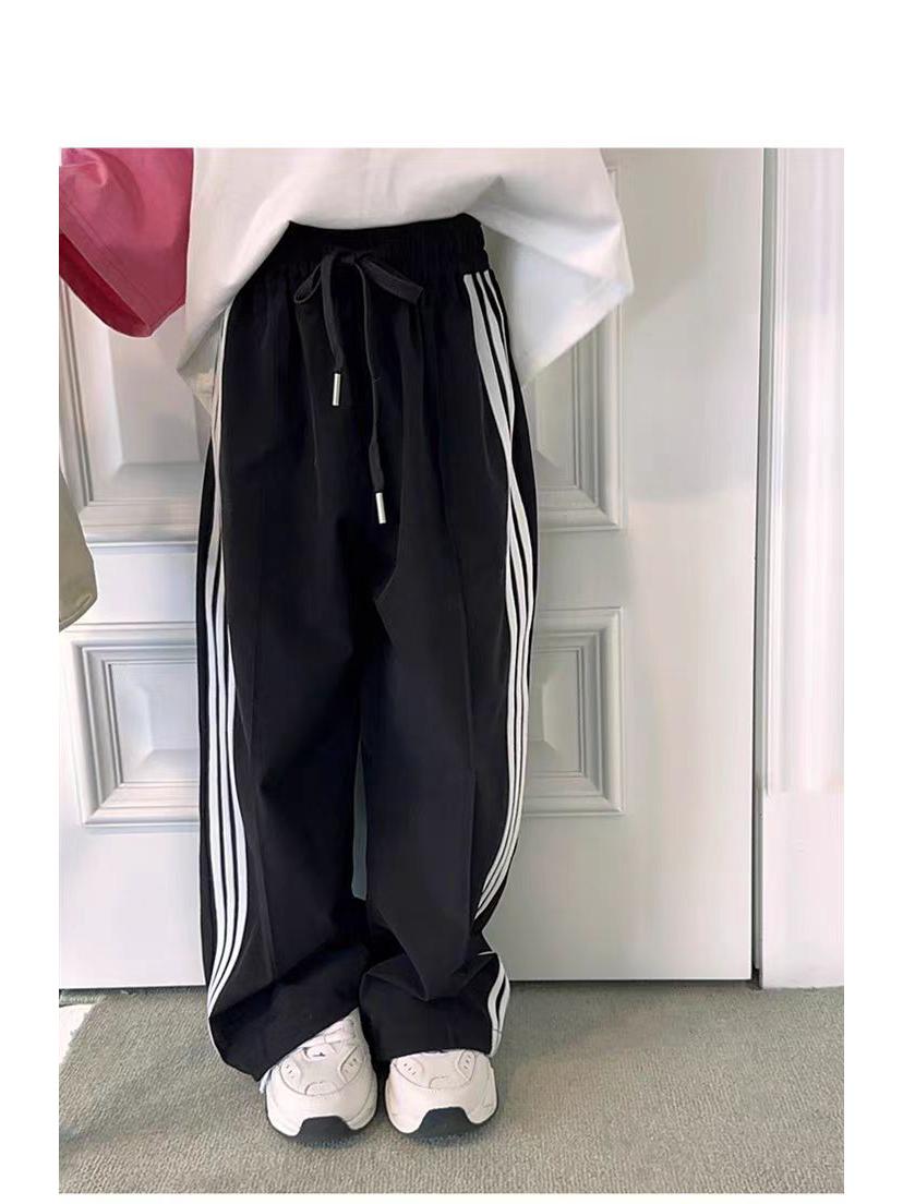 

Полосатые широкие спортивные брюки Ice Silk для девочек - корейский стиль, летние повседневные, детские эластичные брюки от среднего до большого размера 160 cm чёрный