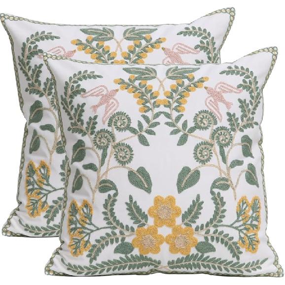 Set of 2 Embroidered Decorative Throw Pillow Covers Couch Square Pillowcases Cushion for Bedroom Sofa Farmhouse Decor 18x18 Inch (Blue Floral)