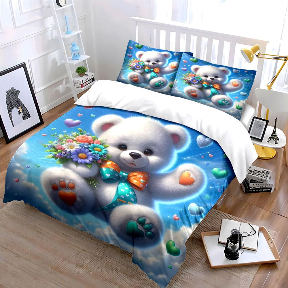 Cute White Bear, Flowers, Sky, Hearts Print Soft Comfortable Duvet Cover Bedding Set Included 1*Duvet Cover 2*Pillowcases