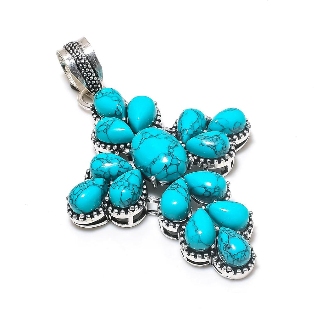 Natural Turquoise Gemstone Silver Cross Pendant In 925 Sterling Silver - Handmade Pear Design, Everyday Wear Jewelry Birthday Gift