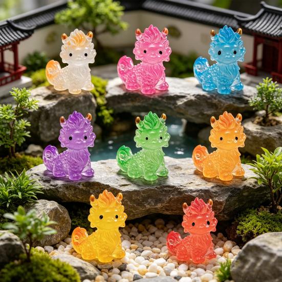 8Pcs Mini Dinosaur Figures, Glow In The Dark Miniature Chinese Mythical Creature Statue, Tiny Resin Animals Ornaments for Fairy Garden,