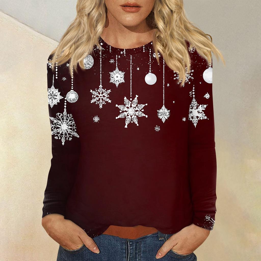 Mote for kvinner, avslappet juleprintet genser med rund hals og lange ermer