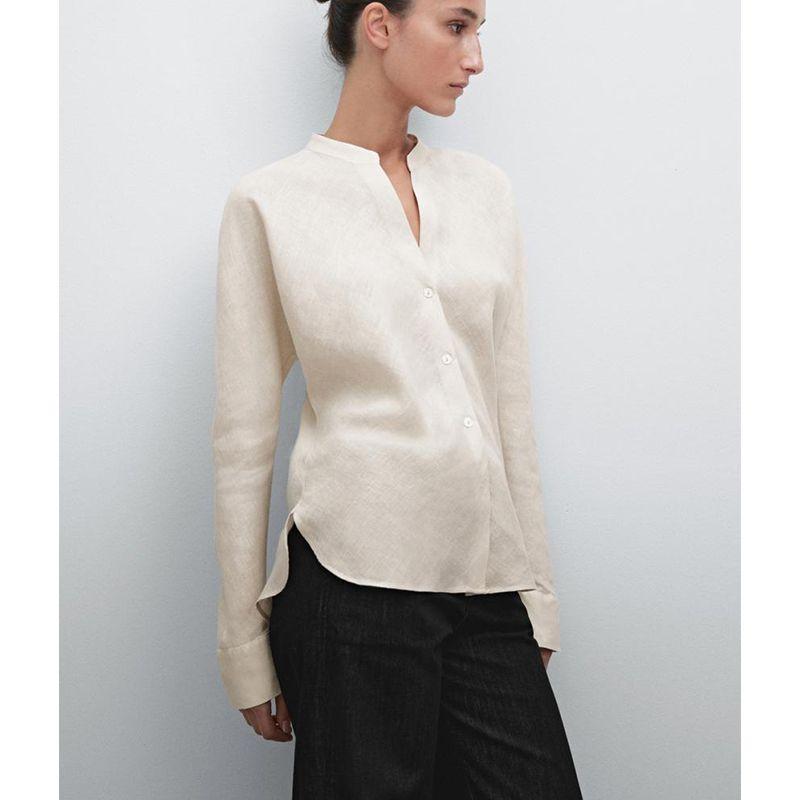MD Spring and Summer Women's Clothing French Minimalist Style Fancy V Neck Light Linen Blended Long Sleeves Shirt 5122505