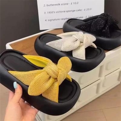 Thick-bottomed Bow-tie Women's 2025 Summer New Fashion Trend Outer Wear Sandals Casual Rhinestone Slippers Women