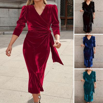 Women's Long Sleeve Crossover V-Neck Solid Color Strappy Waist Velvet Midi Dress