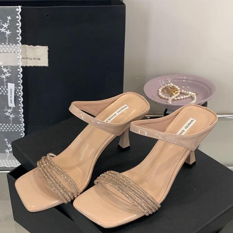 Beautiful High-heeled Fashionable Temperament Square-headed Open-toed Slippers for Women's Summer Wear with Skirts, Rhinestone Cool Slippers for Women