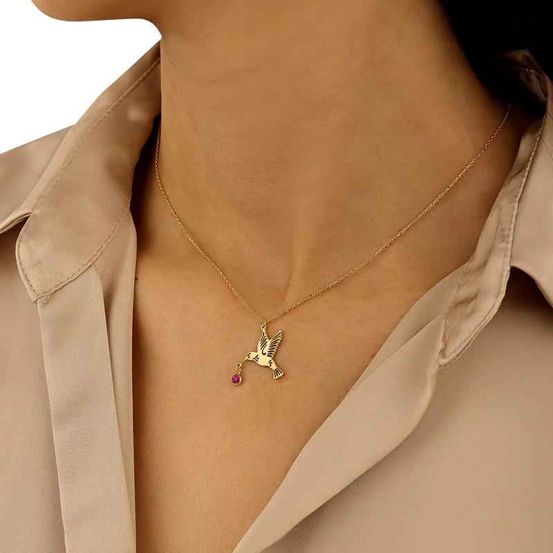 Fashion Crystal Birthstone Hummingbird Pendant Necklace Gold Plated Stainless Steel Bird Jewelry Gifts For Mother