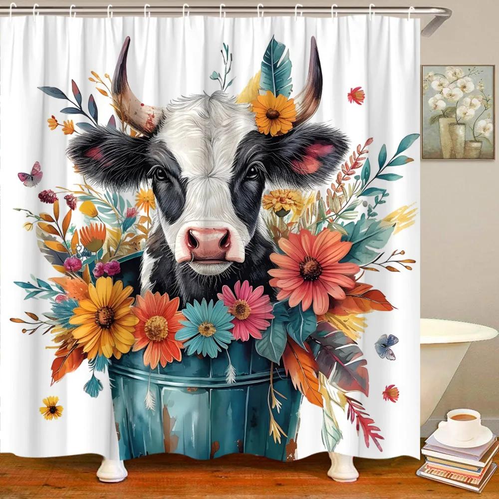 

Funny Farm Highland Cow Shower Curtain Barn Flower Plant Rustic Sitting Cow In Barrel Polyester Fabric Bathroom Decor Curtain W60H190(CM)-1 Pcs