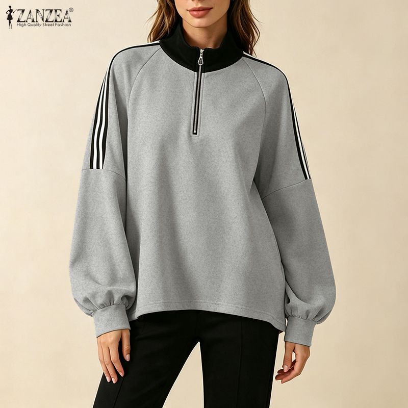 ZANZEA Women Casual Stand Collar Splice Long Sleeve Blouse Tops