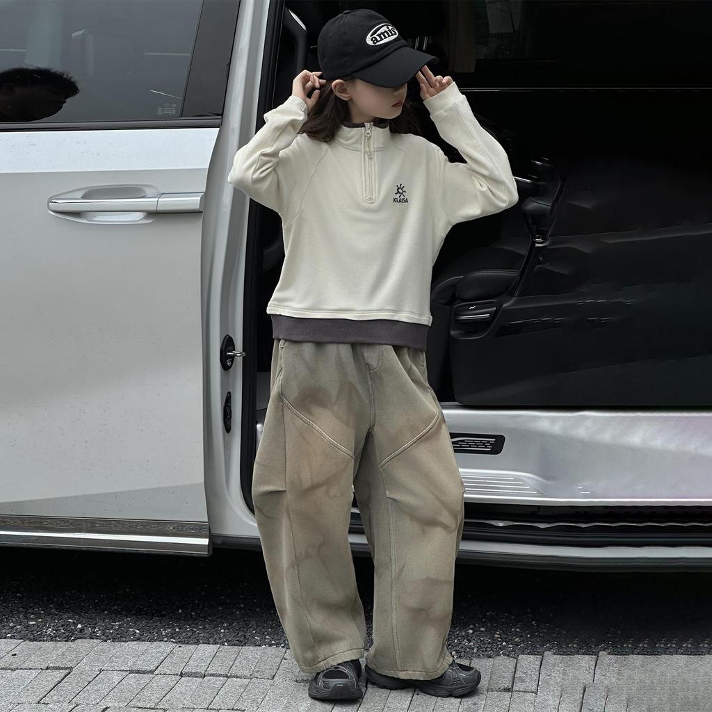 Retro Yellow Mud-Dye Fleece Lined Wide Leg Distressed Jeans for Girls