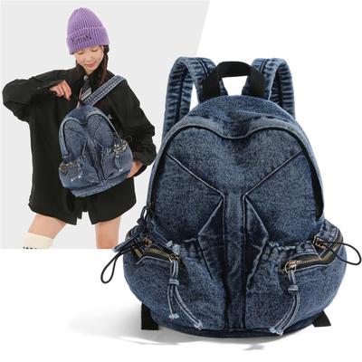 Mochila Jeans Feminina Moda Casual Escolar Mochila Tendência com Cordão Bolsos