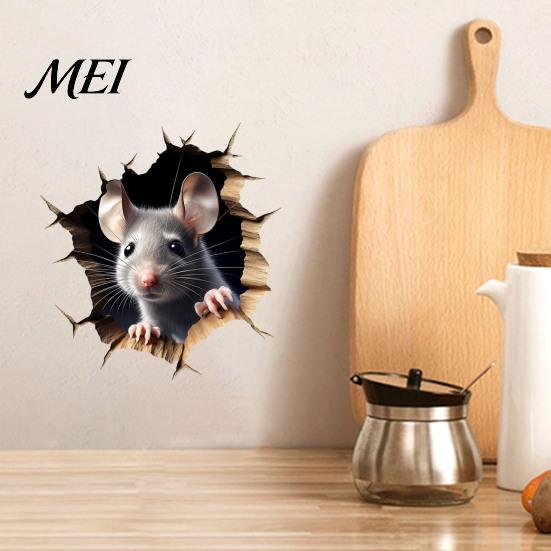 Realistic Animal Decal for Windows Grey Mouse Peeking Wall Decal, 3D Hole Effect Sticker, Removable Three Dimensional Sticker PVC Art Living
