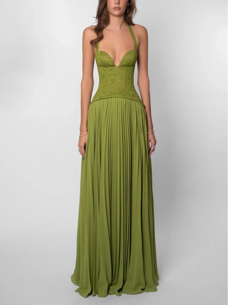 2026 Elegant Deep V Backless Halter Women s Dress Large изумрудный/зелёный