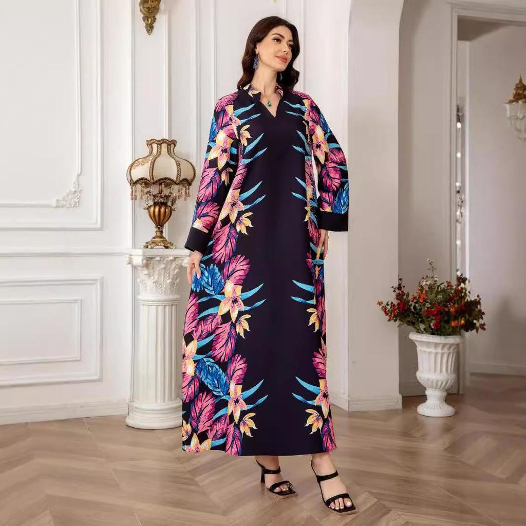 0808 Cross-Border Muslim Women's Printed Long Robe Dress - Middle East & Western Styles