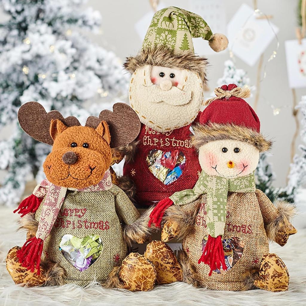 3Pcs Christmas Gifts Candy Bag Zipper Reusable Cartoon Doll Bags with Santa Snowman Style for Party and Festival