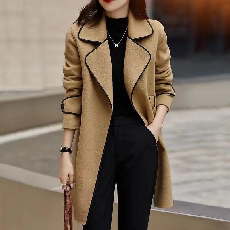 Korean Style Women's Slimming Imitation Cashmere Wool Coat - Color Block Mid-Length for Autumn and Winter